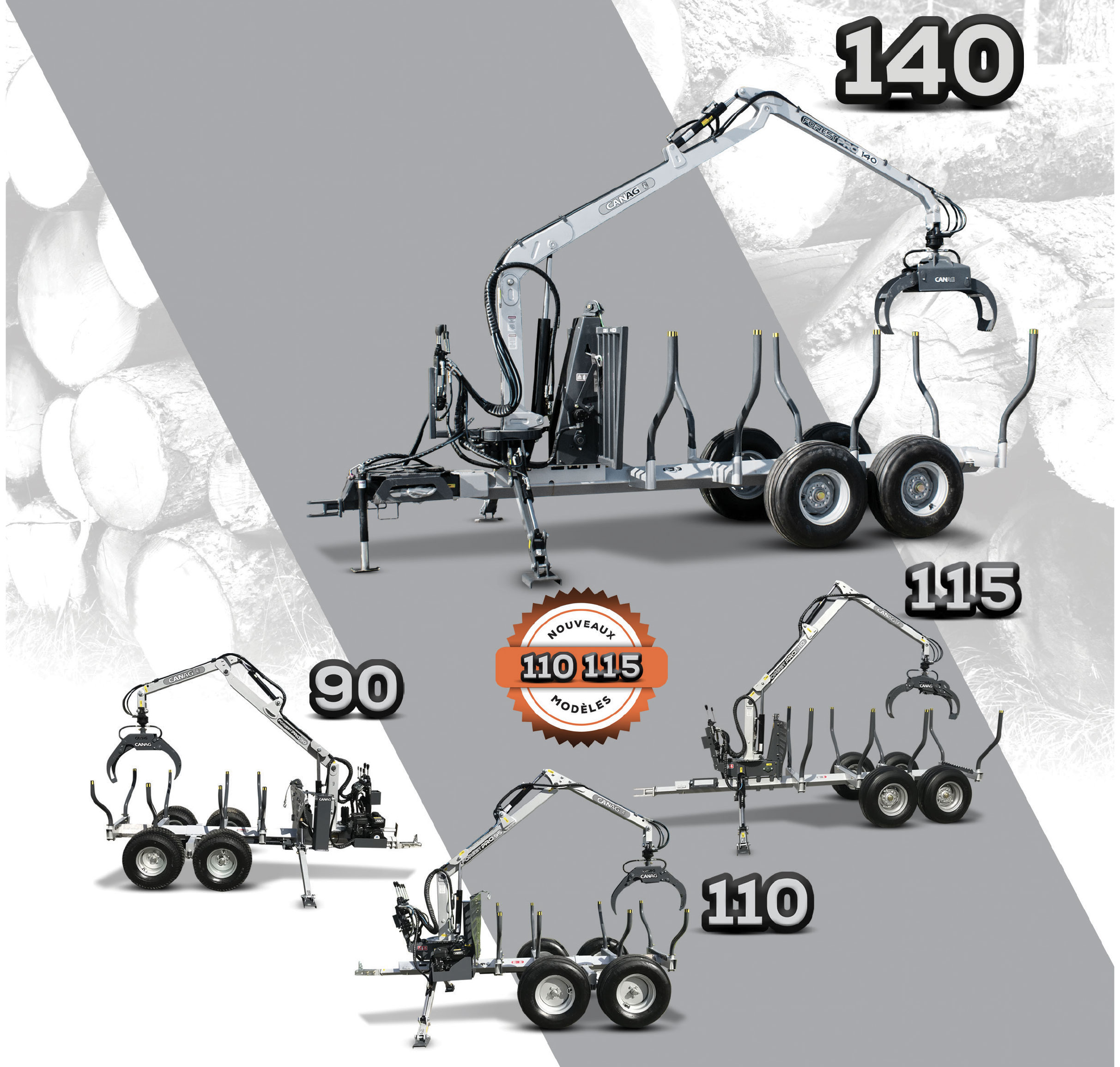 Chargeuse à bois sur remorque  Canag Forestpro 90, 110, 115, 140